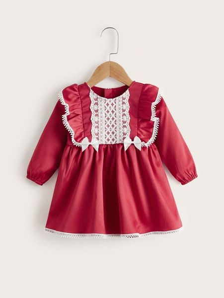 

baby ruffle trim lace panel dress she, Red;yellow