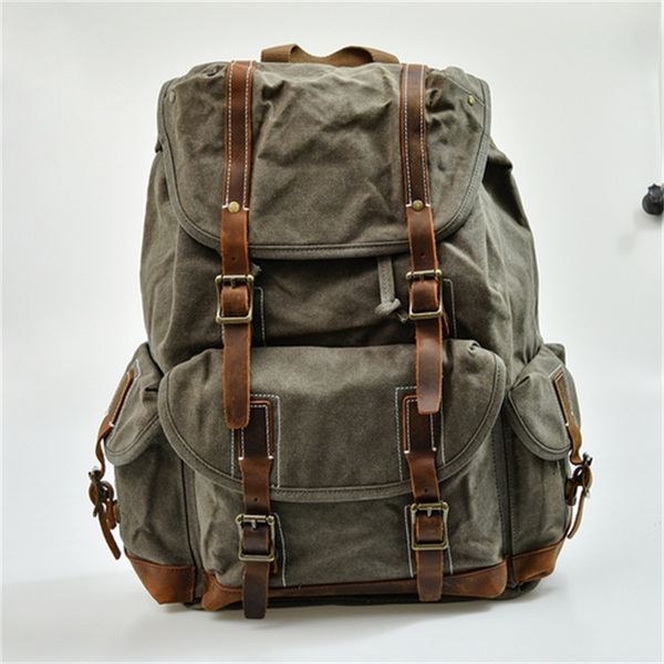 

waxed back canvas travel bag men of great capacity leuther backpack dwaterproof walks water svpe