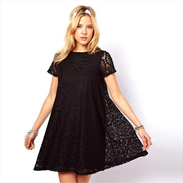 

dress fashion female summer o neck casual solid sundress 2020 mini lace size women office maxi dresses style loose short sleeve, Black;gray