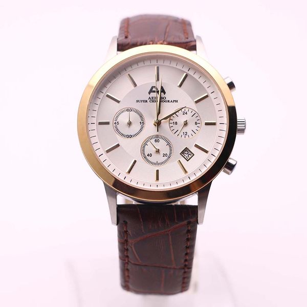 

aehibo quartz battery all subdials working mens watch watches 43mm white dial super chronograph hardlex man gold steel case wristwatches, Slivery;brown