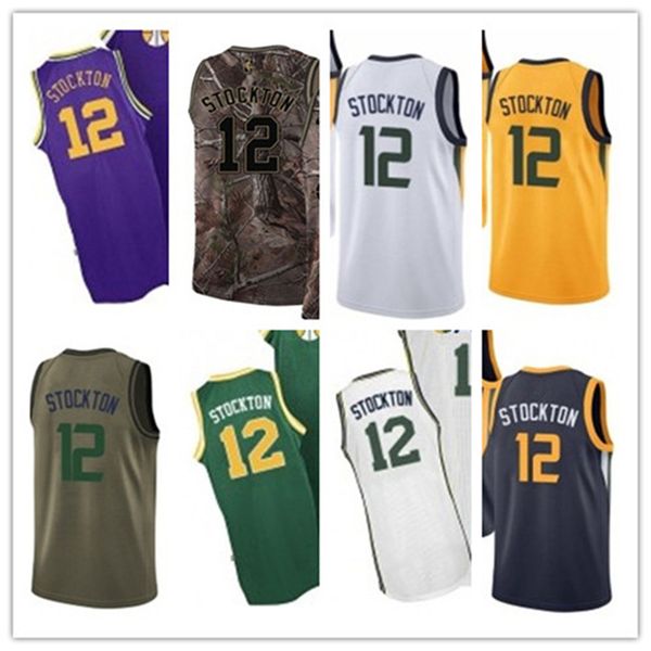 

custom 2020 style jerseys black white green grey army green 12 john stockton basketball jersey, Black;red
