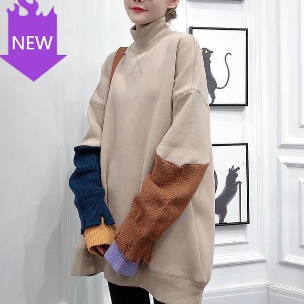 

long sleeve casual loose sweatshirts female 2020 fahsion korean knitted patchwork sweaatshirt for women turtleneck1, Black