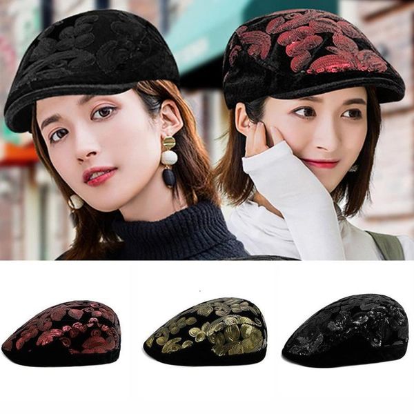 

beret hat women flat cap women winter hat sequined stitching shining outdoor thick warm cap berets berret femme #2o04, Blue;gray