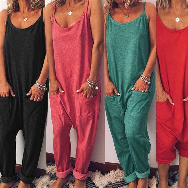

women casual loose pocket jumpsuits summer beach romper solid sleeveless overalls jumpsuit drop shipping good quality, Black;white