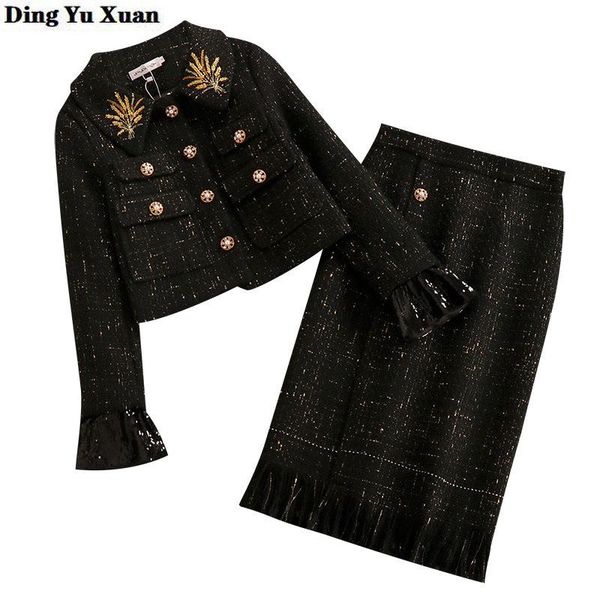 

runway ladies 2 piece vintage tweed skirt suit embroideried sequined outfit womens runway winter blazer with knee length skirt, White