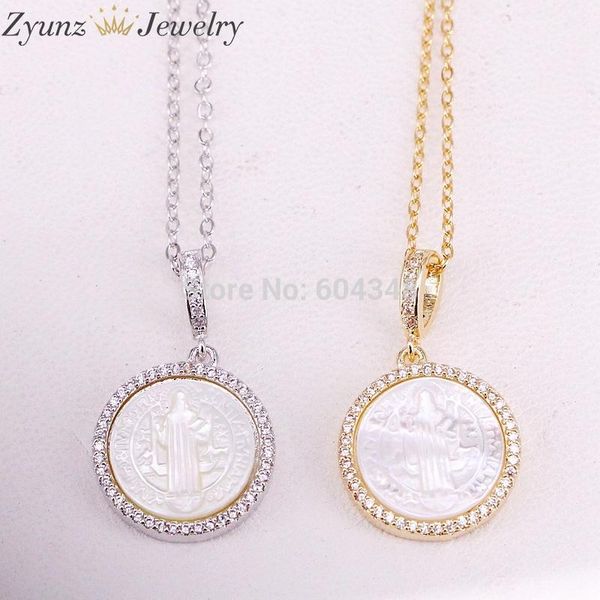 

pendant necklaces 5 strands zyz323-8778 cubic zirconia micro pave charm, mary / jesus shell with cz charm necklace jewelry, Silver