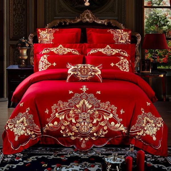 

36red wedding style gold oriental embroidery 100% cotton bedding set duvet cover bed sheet bedspread pillowcase 4/6/9pcs1
