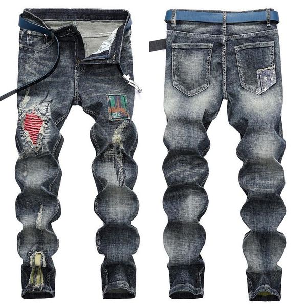 

men casual brand cotton hole ruins plus size men stretch denim skinny jeans fashion brand jeans, Blue