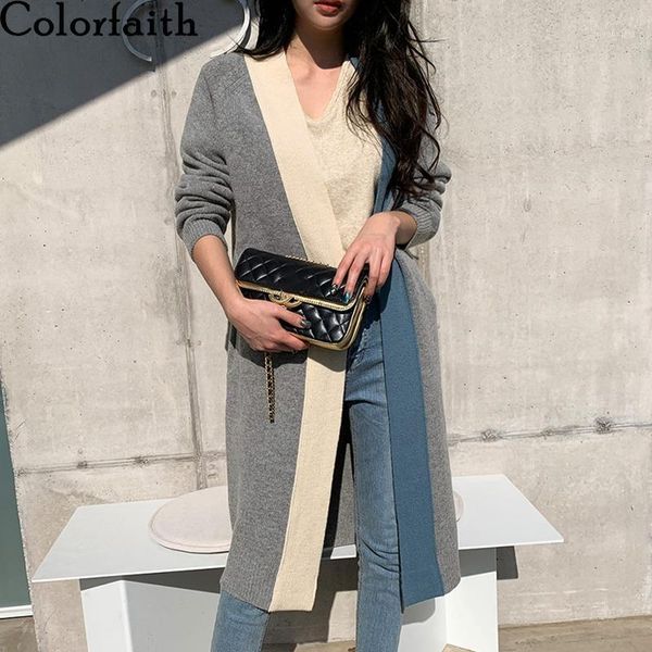 

2020 autumn winter women sweaters color-blocked long cardigans colorfaith new korean fashionable minimalist casual1, White