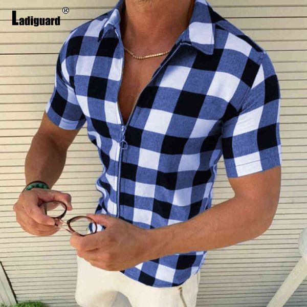 Ladiguard Plus Размер мужская футболка сексуальная мужская одежда 2021 лоскутная верхняя уличная одежда мода молния плед футболка повседневная пуловеры G1229