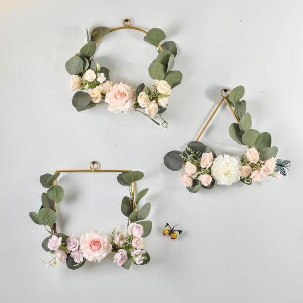 

cilected eucalyptus wreath artificial roses wall hanging wrought iron garland floral hoop wreath for wedding backdrop decoration1