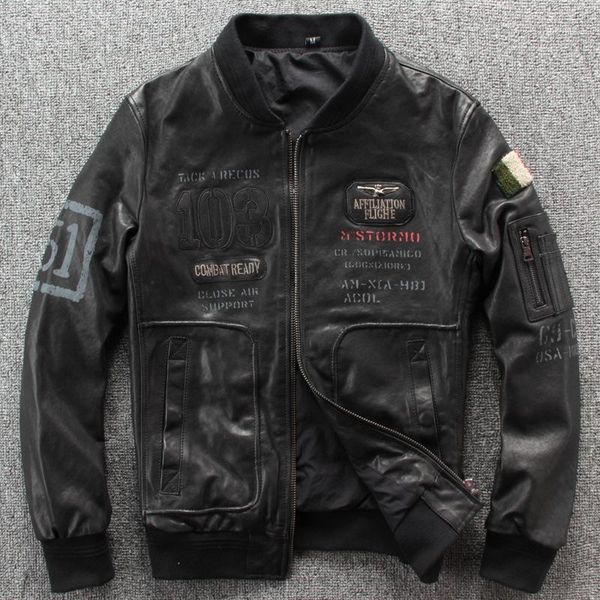 

2019 new men spring/autumn a2 pilot jackets pattern genuine sheepskin leather jacket 100% real oil wax bomber jacket1, Black