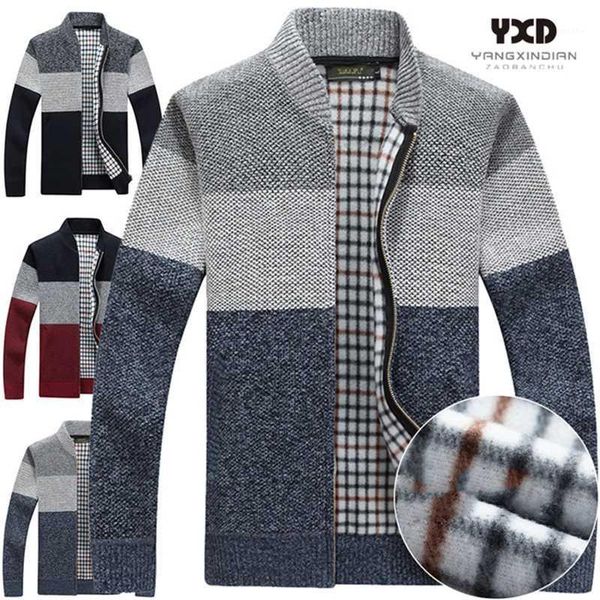 

men clothes knitted sweater men cardigans collar winter plus velvet thick business casual male full zip spliced sweaters coat1, White;black
