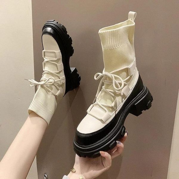 

winter warm women elastic sock boots 2020 new fashion women high heel boots woman stretch shoes ankle lace-up botas mujer #p37x, Black