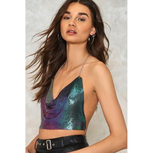 

women fashion shiny metal crop ladies summer party club sleeveless halter v-neck sequined short tank, White