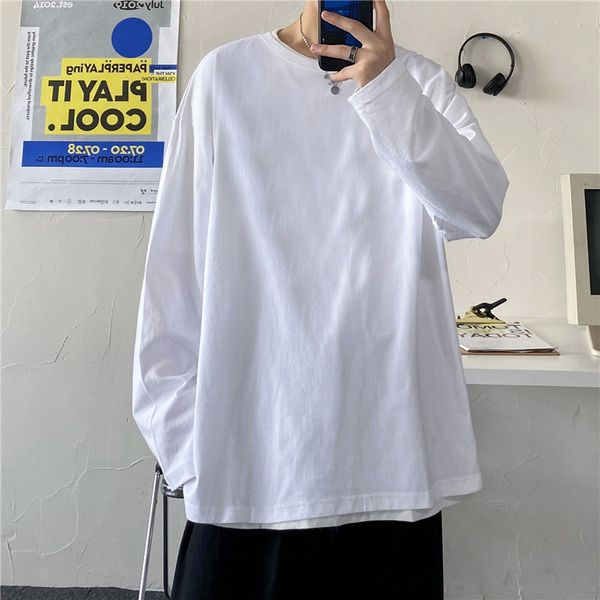 

solid color long sleeve t-shirt, boys' fashion brand, spring autumn, korean version, loose and versatile, trend, couple's base shi, White;black