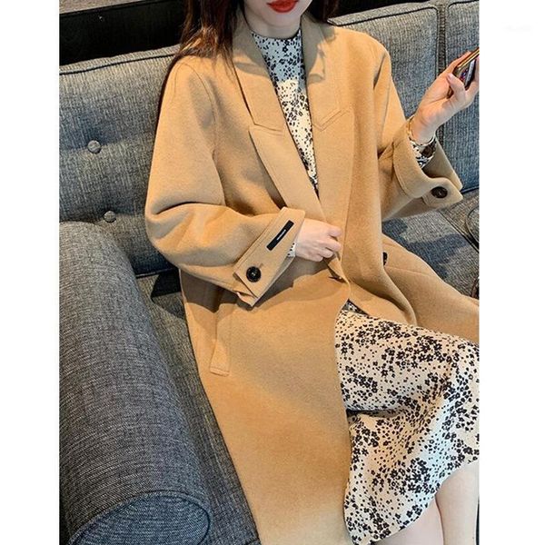 

fashion warm women winter coat wide-waisted elegant casual wool coats and jackets solid double breasted pockets cashmere coat1, Black