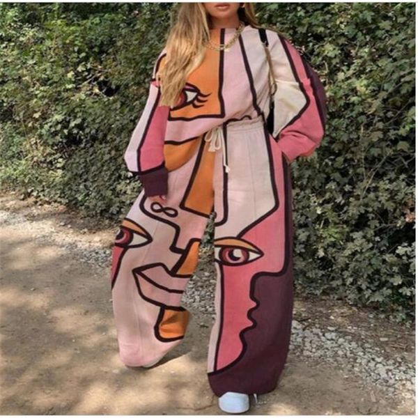 

fashion sweatsuits women o-neck abstract printing long sleeve sweatshirt + lace-up sweatpants hip hop casual loose 2 piece sets, Gray