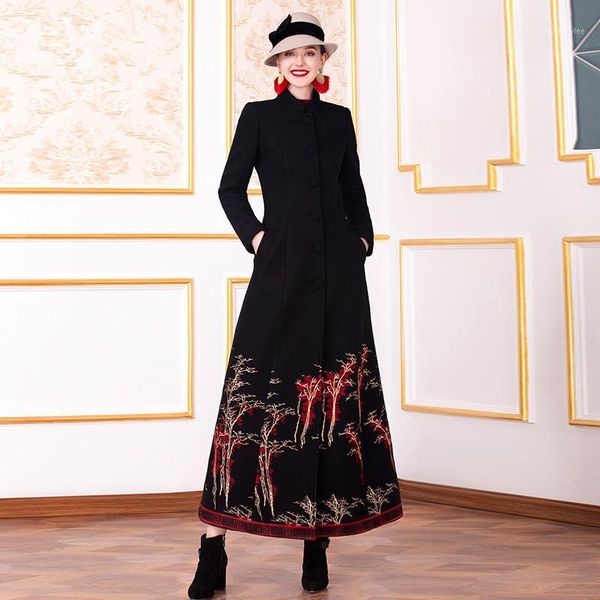 

women autumn winter coat 2020 female vintage embroidery black maxi long woolen coats plus size s- xxxl1