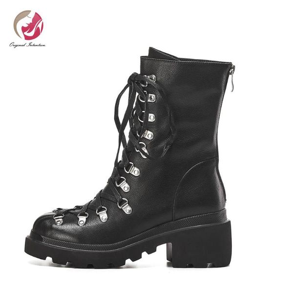 

original intention black buckles ankle boots woman cross-tied boots round toe platform shoes woman chunky heels