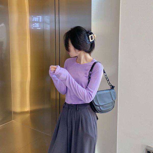 

basic thread solid color round neck autumn and winter new korean amomi women's team thin cloth long sleeve t-shirt inside, White