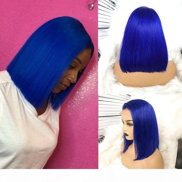 

150%density blue hair wig of human hair with baby hair brazilian lace front wig short bob wigs party soft wigs for women, Black;brown