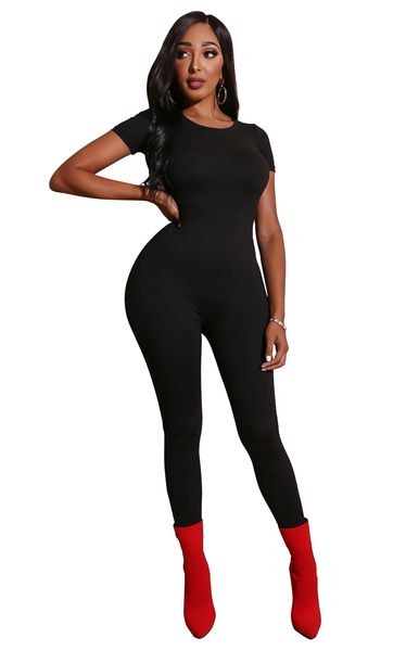 

women slim fit jumpsuit o-neck short sleeve solid color rompers ladies nightclub clothing, Black;white