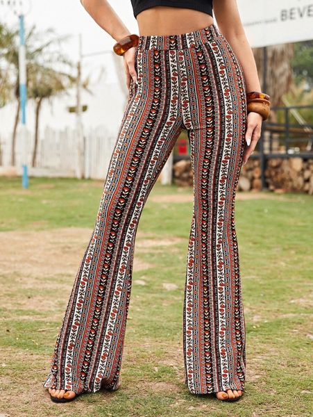 

floral print flare leg pants x9be#, Black;white