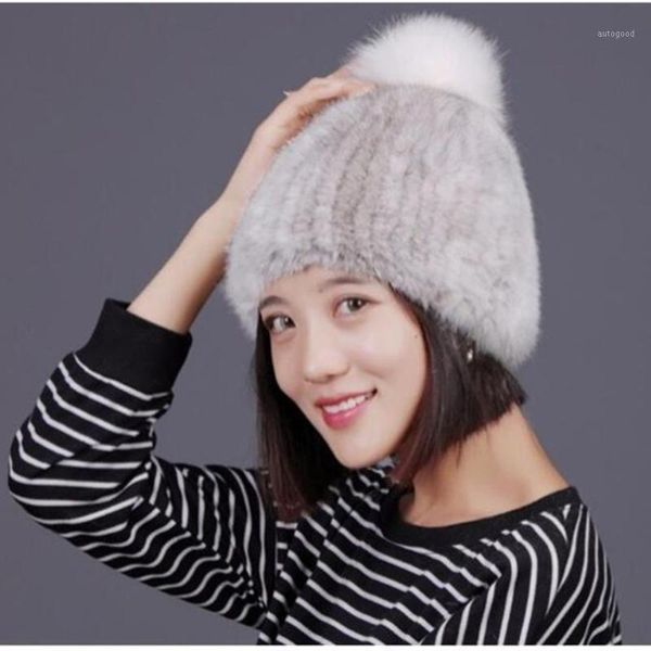 

beanie/skull caps luxury real warm knitted winter female hat with big fluffy pompom beanies h61, Blue;gray