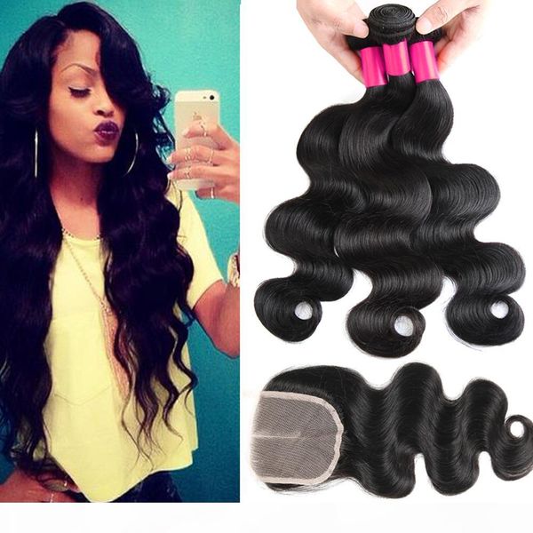 

7a brazilian peruvian indian malaysian hair 3bundles with lace closure unprocessed remy human hair weave brazilian body wave virgin hair, Black