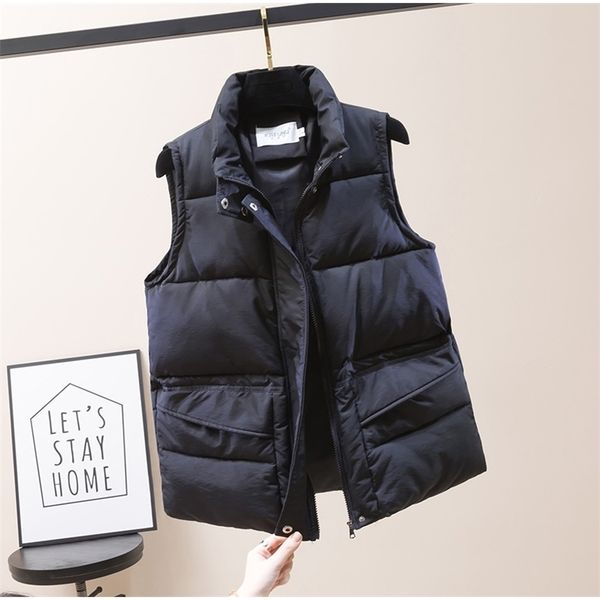 

women's winter vest short style solid plus size sleeveless jacket cotton padded thick casual covered button loose outwear 201031, Black;white