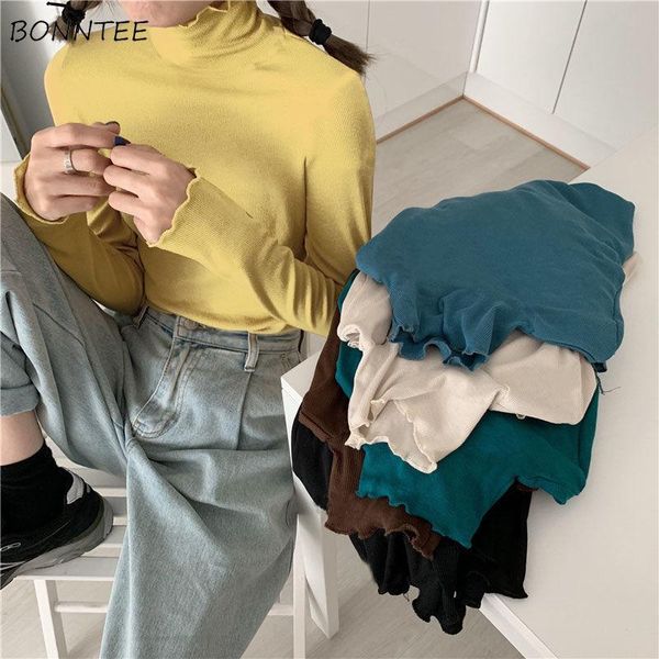 

t-shirts women turtleneck long sleeve korean slim stretchy girls thicken leisure solid simple all-match fashion soft basic, White