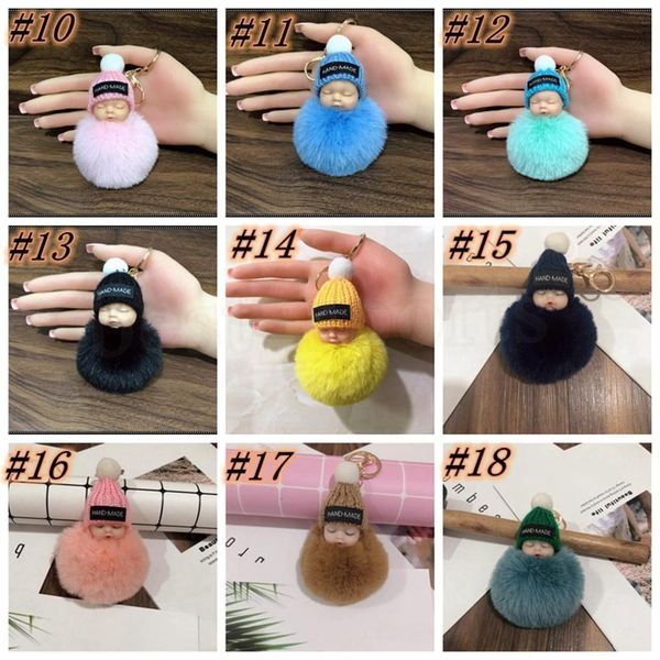 

factory14umrabbit cute sleeping baby fur doll keychain pompom ball carabiner chain keyring women kids holder bag pendant, Silver