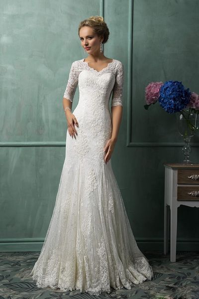 

half long sleeves lace mermaid wedding dresses 2021 with appliques custom v neck court train wedding bridal gowns vestido de noiva renda, White