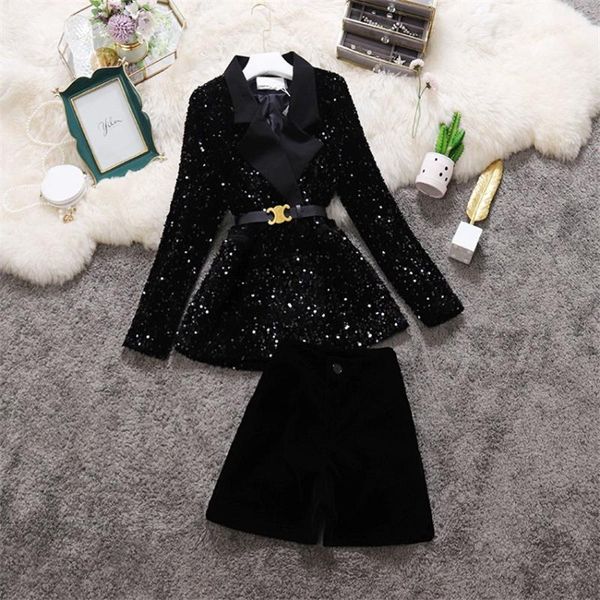 

women's suits & blazers 20 autumn two piece big size vintage women sequined blazer + gold velvet shorts formal loose lady black coat wz, White;black