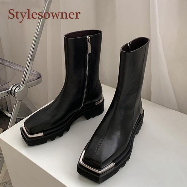 

new fashion metal square toe genuine leather women's ankle boots metal decoration short black motorcycle boots autumn winter