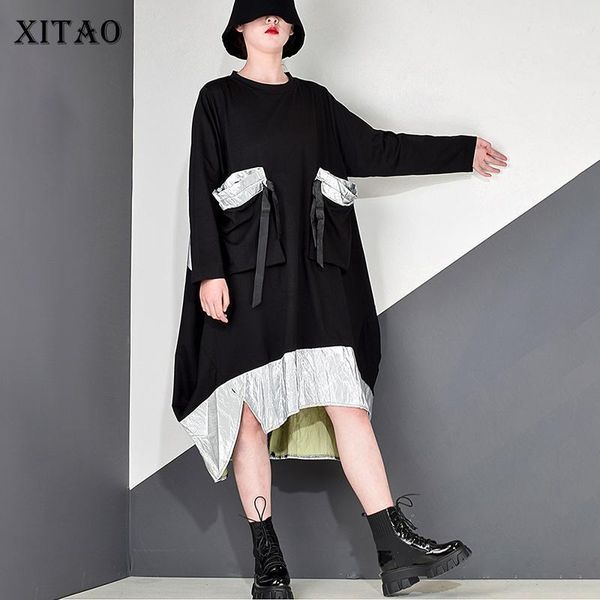 

xitao asymmetrical dress women patchwork ribbons winter trend fashion new style o neck collar long sleeve pocket split zp28701, Black;gray