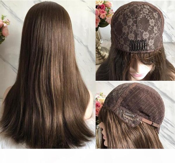 

kosher wigs 12a light brown color #6 finest mongolian virgin human hair silky straight 4x4 silk base jewish wig fast ing, Black;brown