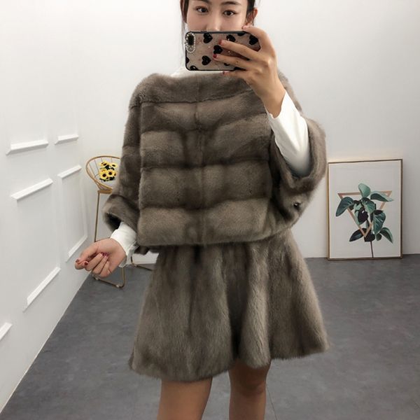 

pele casaco de vison real feminino pulver curto pargrafo bat mangas jaqueta moda pode ser usado com saia feminina uxeu, Black