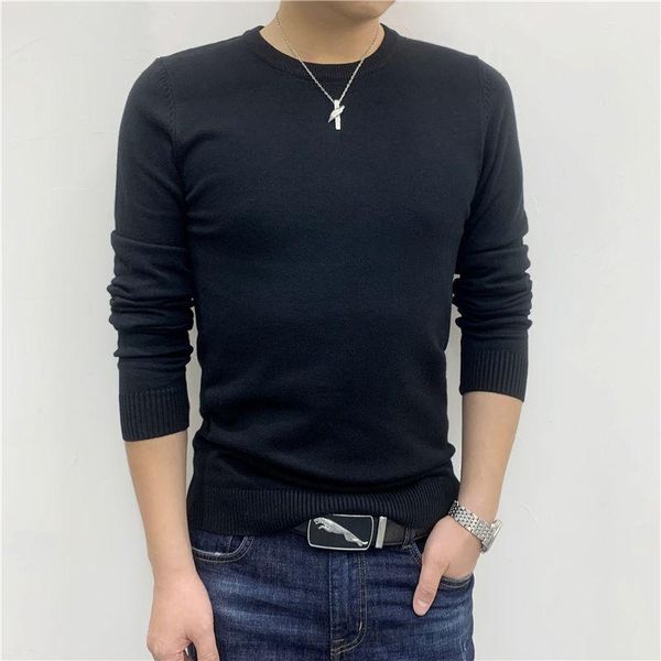 

autumn and winter new round neck sweater men's warm knit shirt long sleeve solid color bottoming shirt, White;black
