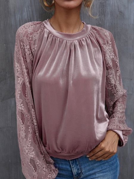 

contrast lace bishop sleeve keyhole back velvet pullover t5ua#, White;black