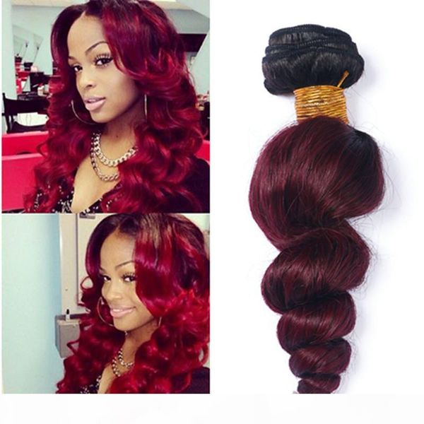 

ombre weave hair bundle two tone color 1b 99j burgundy wine red unprocessed loose wave brazilian peruvian indian ombre human hair extension, Black;brown