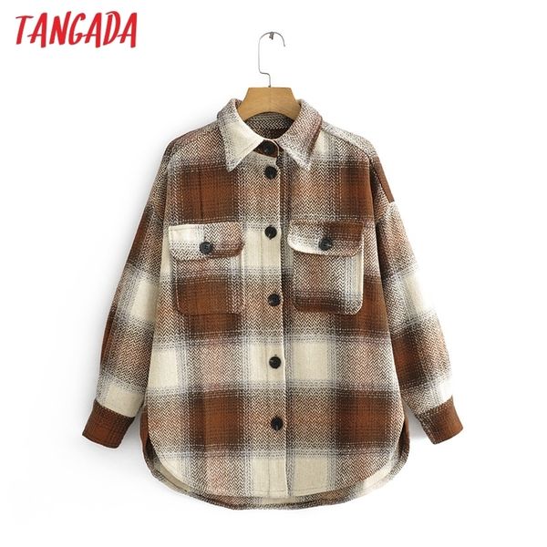 

tangada women brown plaid thick coats jacket loose long sleeves pocket ladies elegant autumn winter coat 3r7 201126, Black;brown
