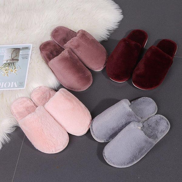 

winter women house fur slippers warm plush flurry soft furry mules round toe flat home non slip shoes casual solid ladies indoor, Black