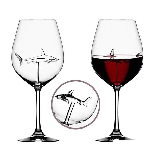 Rotweingläser – Blei-Titan-Kristallglas, elegantes Original-Shark-Rotweinglas mit Hai im Inneren, langstieliges Glasgeschirr Nh0X5