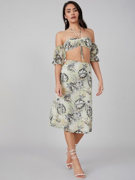 

tropical bardot crop & skirt set e1dv#, White