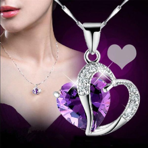 

fashion heart crystal rhinestone silver chain pendant women necklace jewelry 10 color length 17.7 inchj084