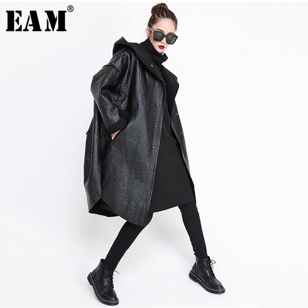 

[eam] loose fit hooded black pu leather thick oversize jacket new long sleeve women coat fashion tide autumn winter 2020 jg637 y200101, Black;brown