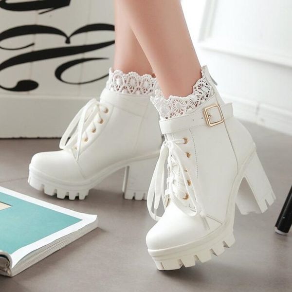 

winter new pattern high-heeled coarse heel martin boots frenulum waterproof thick bottom large code white women boots 34-43 y200114, Black