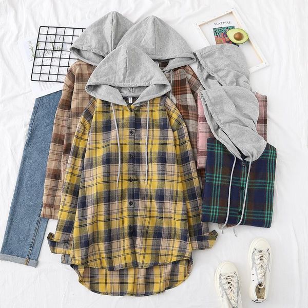 

spring autumn streetwear shirts women harajuku hooded patchwork drawstring plaid hit color vintage loose blouses female chic, White